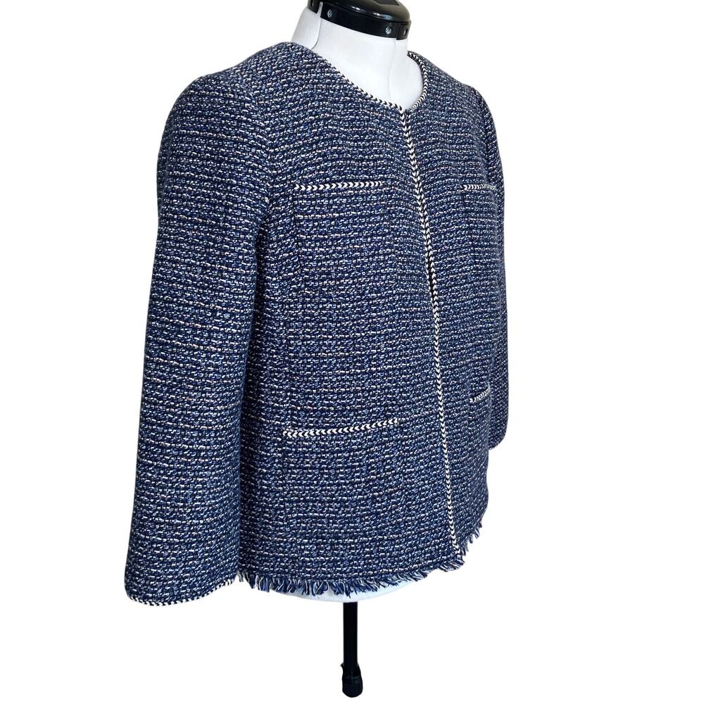 Talbots Sz 12 Airy Tweed Woven Jacket Open Front Fringe Trim Navy Classic - Picture 8 of 16